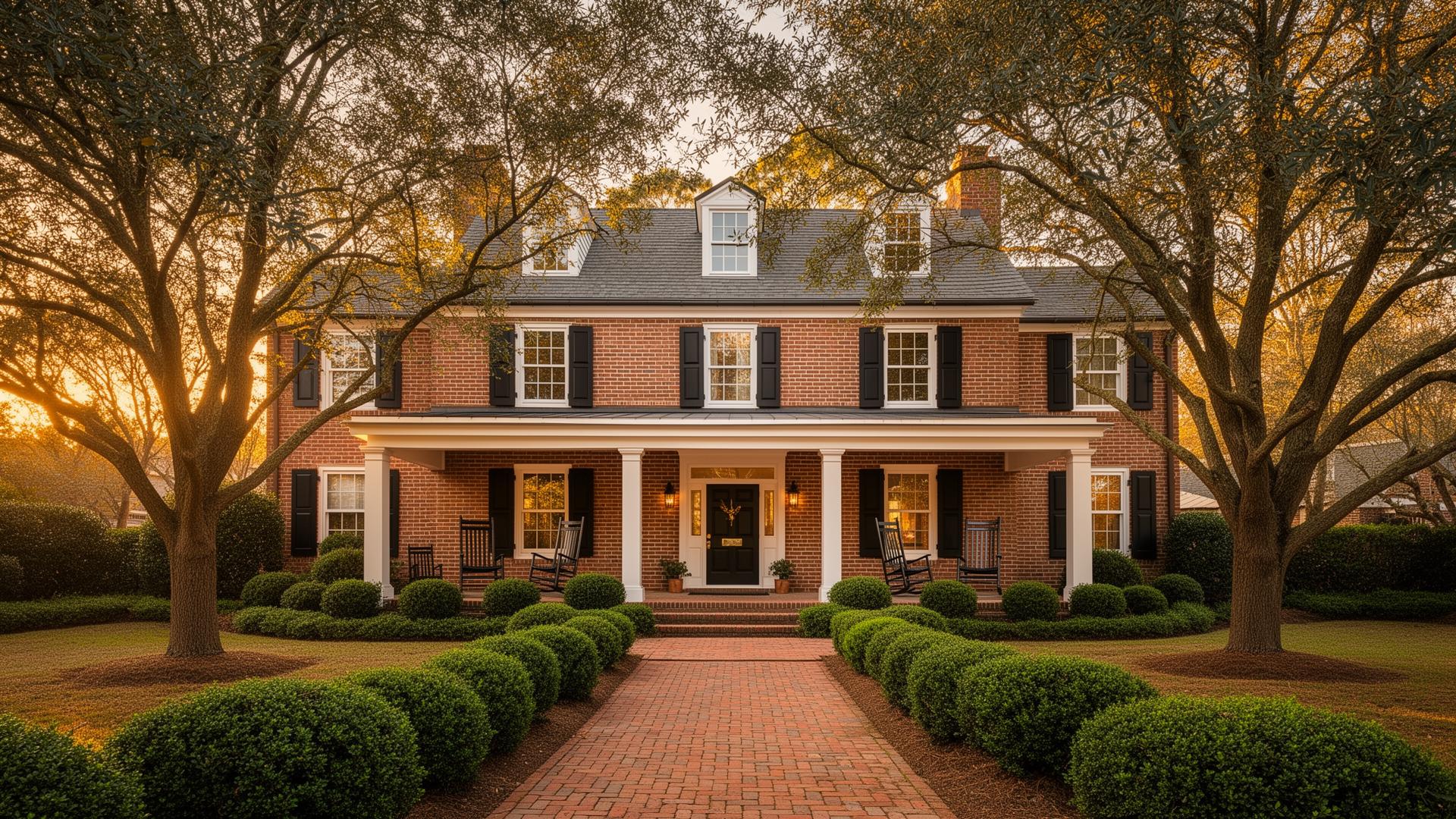 Virginia brick colonial home at golden hour